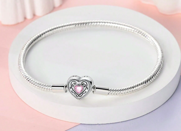 Pulsera cadena de Serpiente con Cierre forma de Corazón y Circonita Rosa
