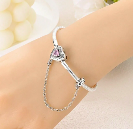 Pulsera de Cadena de Serpiente Corazón Cristal Rosa y Brillantes con cadena de seguridad