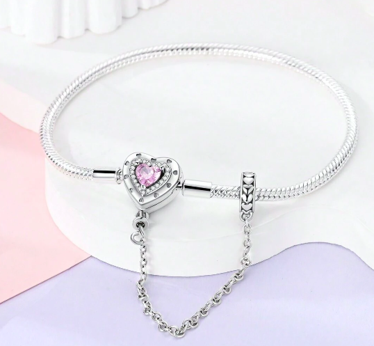 Pulsera de Cadena de Serpiente Corazón Cristal Rosa y Brillantes con cadena de seguridad
