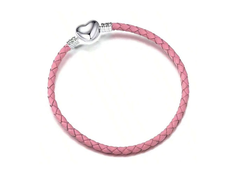Pulsera de Cuero Trenzado Rosa con Cierre de Corazón
