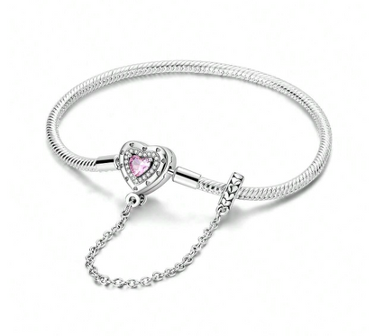 Pulsera de Cadena de Serpiente Corazón Cristal Rosa y Brillantes con cadena de seguridad