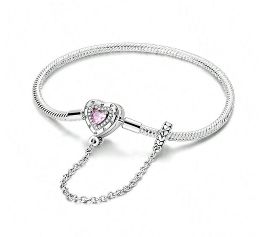 Pulsera de Cadena de Serpiente Corazón Cristal Rosa y Brillantes con cadena de seguridad